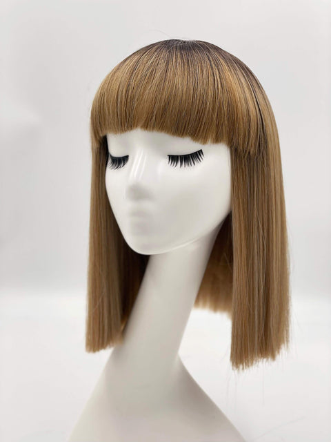 Tina - Blonde Caramel Ombre Dark Root Synthetic Hair Fringe Wig Bob Blunt Cut Straight Hair