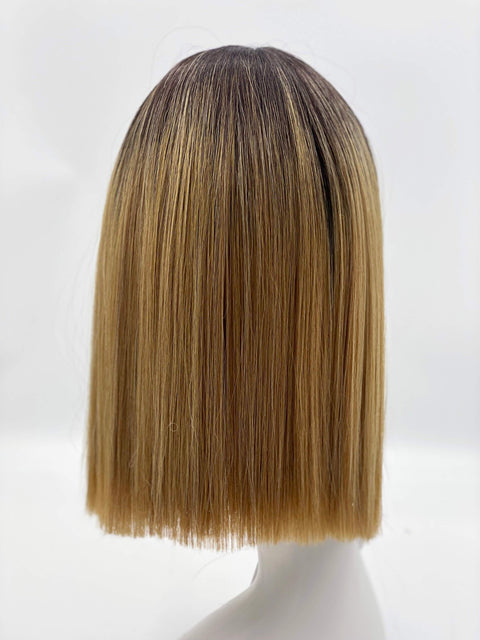 Tina - Blonde Caramel Ombre Dark Root Synthetic Hair Fringe Wig Bob Blunt Cut Straight Hair